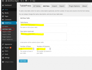 add a table in tablepress