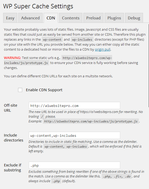 wp super cache settings cdn