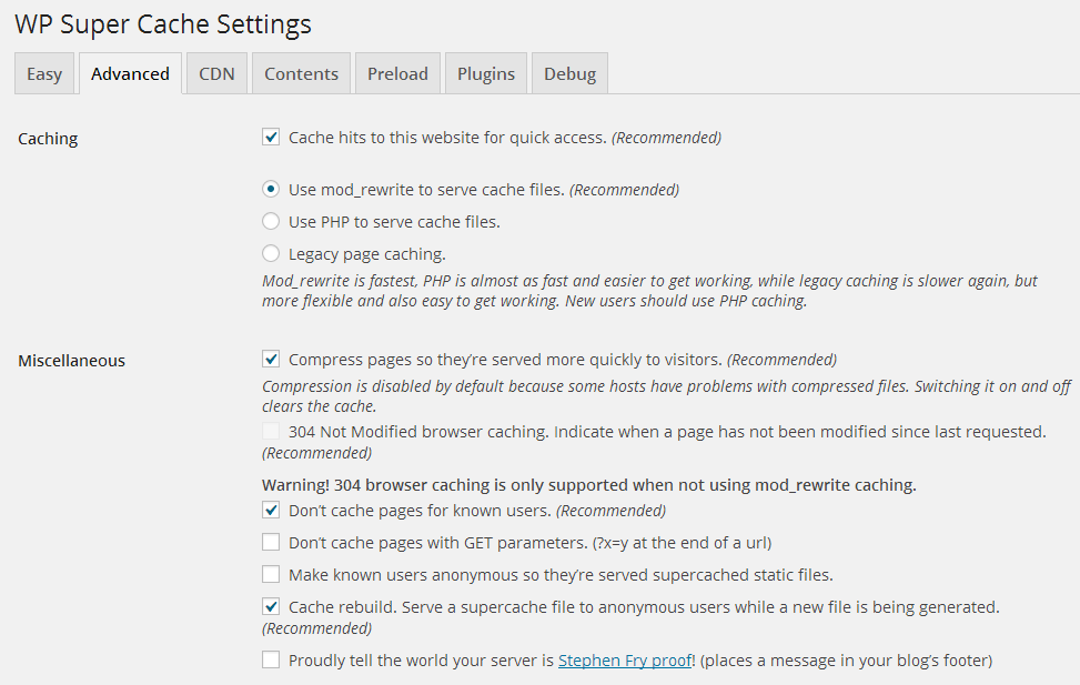 wp super cache advanced settings