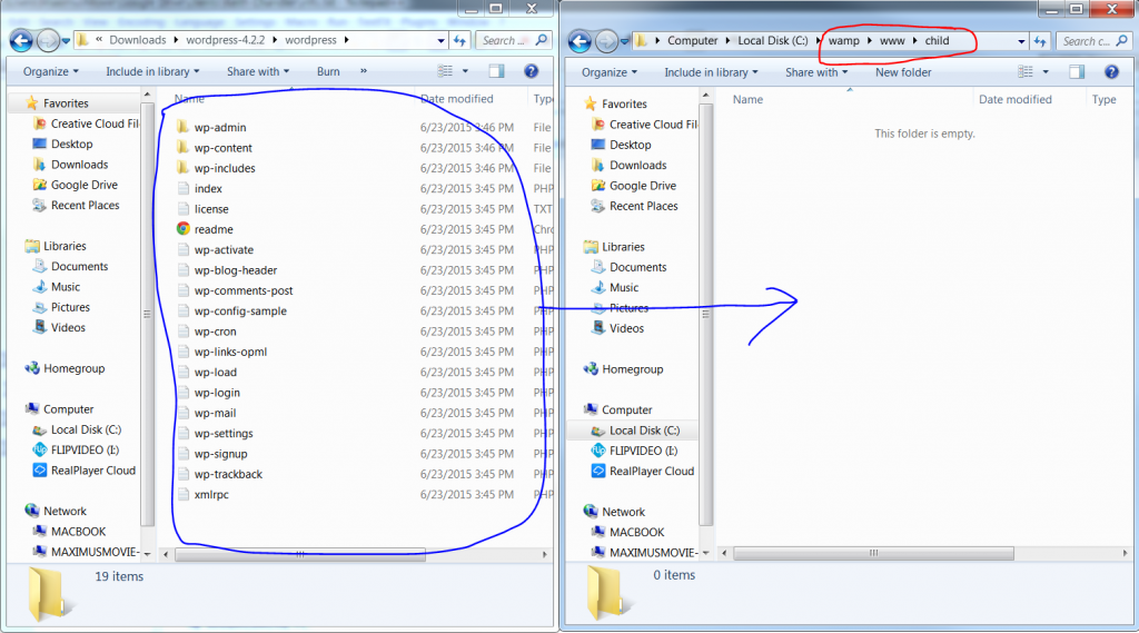 drag and drop all the WordPress files into the child folder