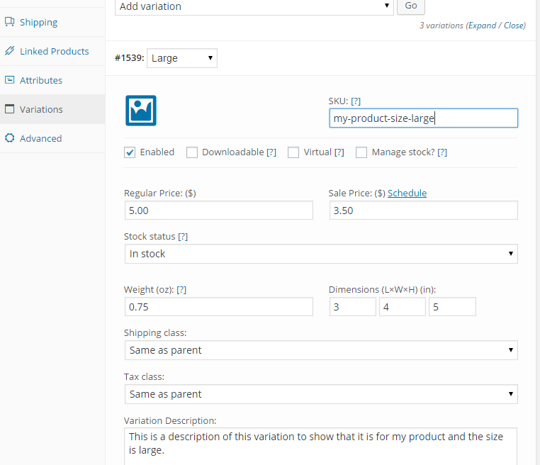 add product variation details and information