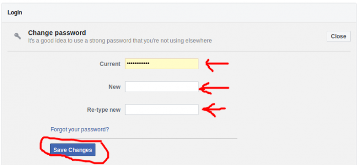 areas to fill out to change password