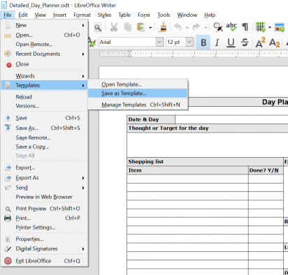 Save Libre Office Template