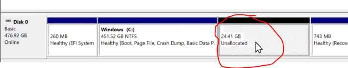 Unallocated space on c drive