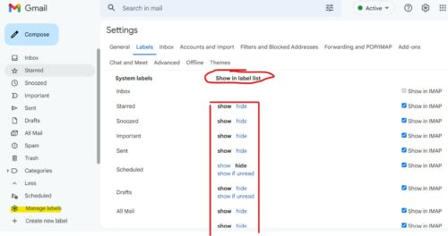 show or hide labels in gmail