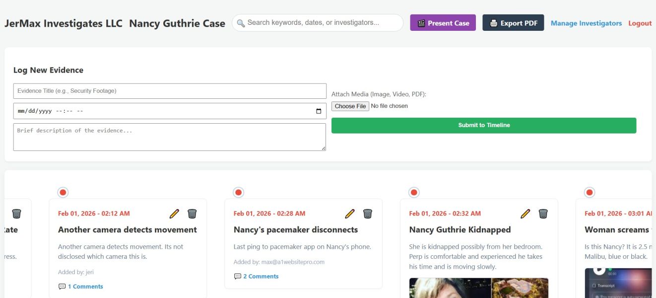Interface of the Custom Case Timeline Manager showing digital evidence organization