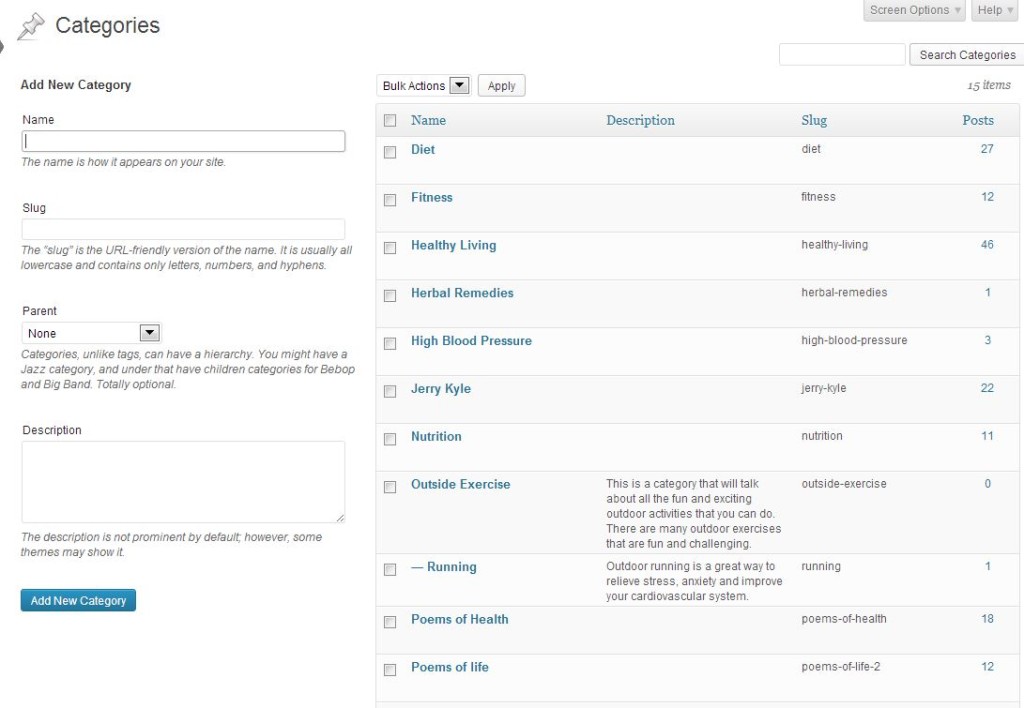 Categories in WordPress screen