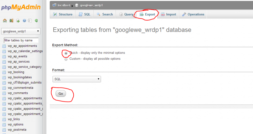 exporting a database in phpmyadmin for WordPress