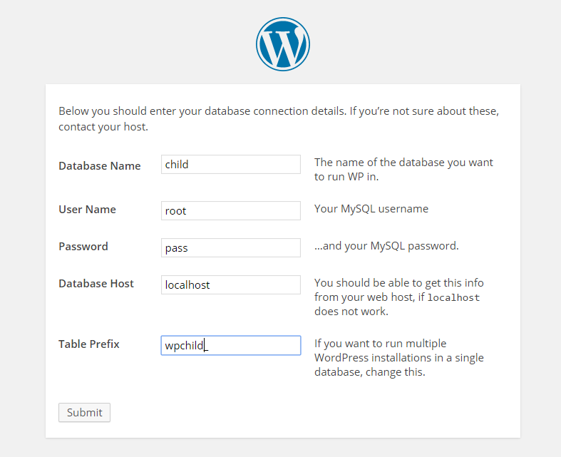 Database Info For WordPress Installation