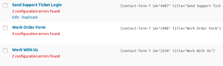 configuration errors in contact form list