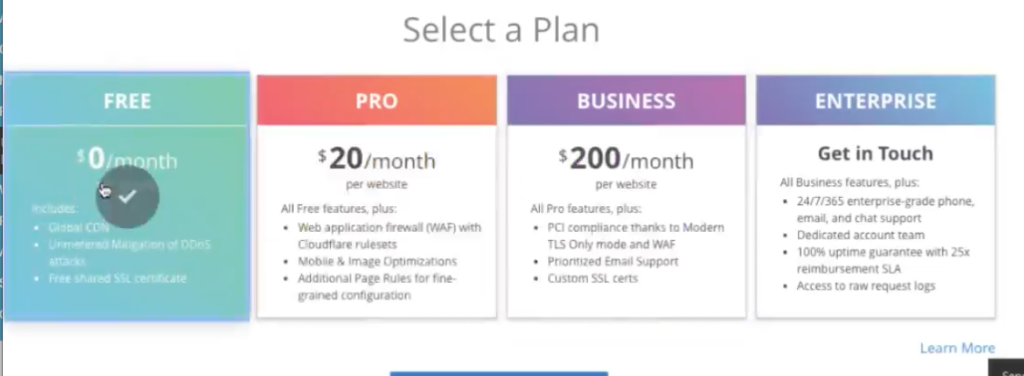 Select Your Cloudflare Plan