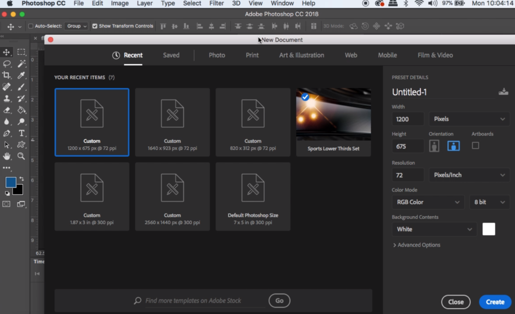 In the Photoshop pop-up select custom size and set your width and height