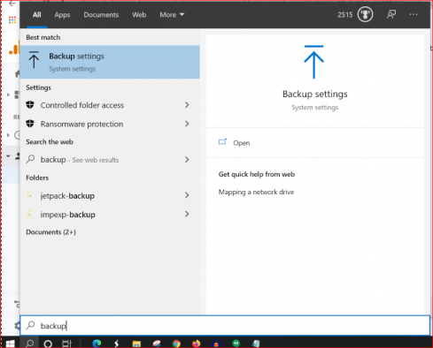 Search for backup on your windows 10 OS